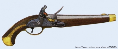 Русский 7-линейный (17,8-мм) кавалерийский солдатский пистолет обр. 1809 года. Вес 1,4 кг, длина 40 см.